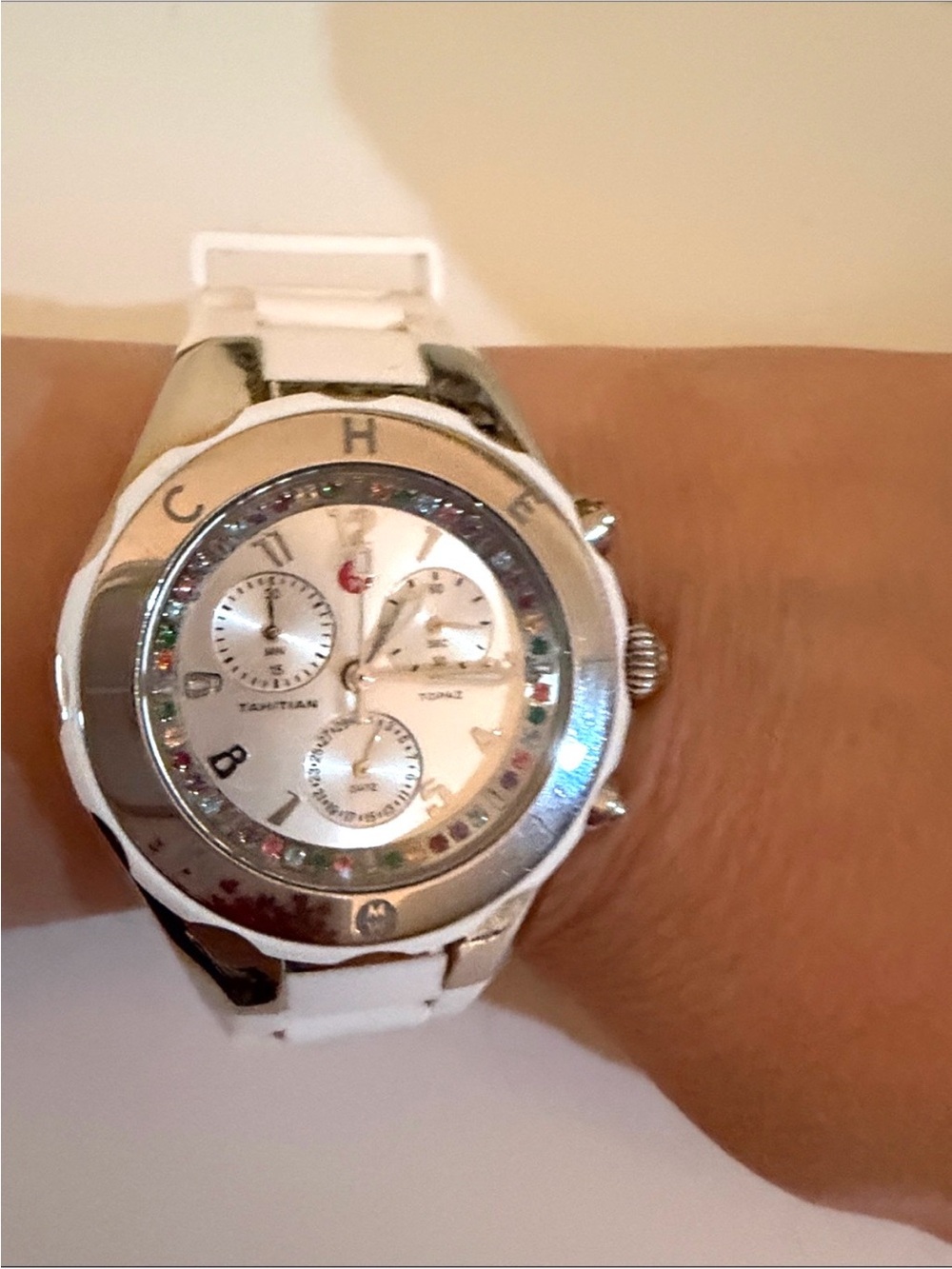 Michele White Stainless Steel Chronograph Watch w/ Multicolor Accents EUC